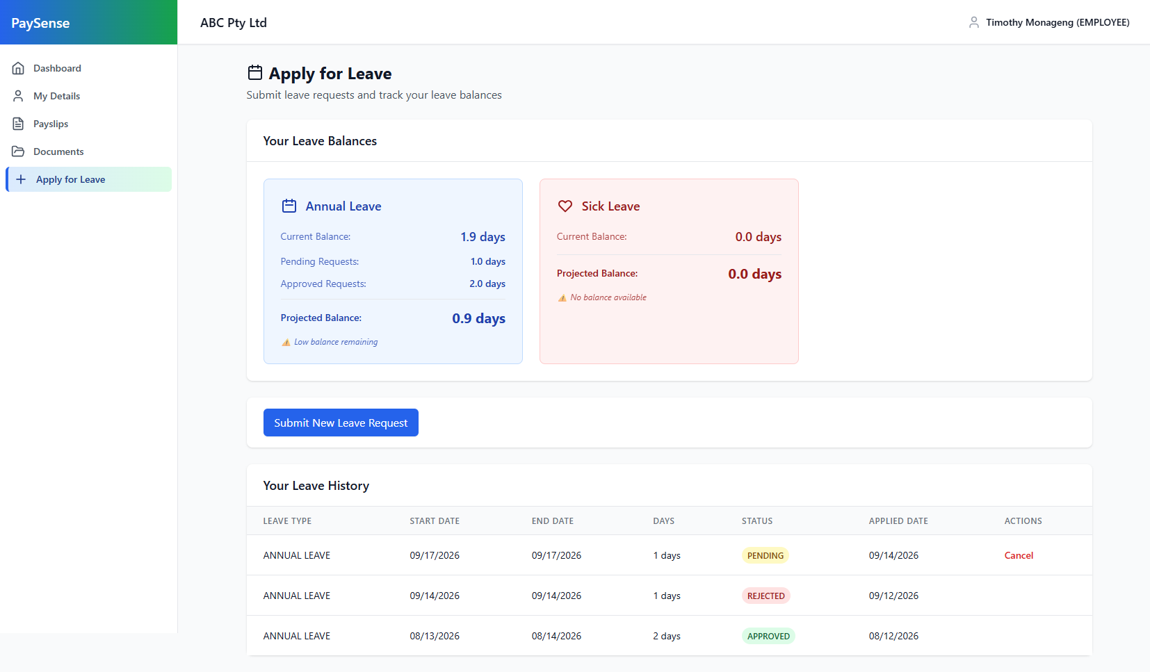 PaySense Apply for Leave screen showing balances and leave history with pending and approved requests