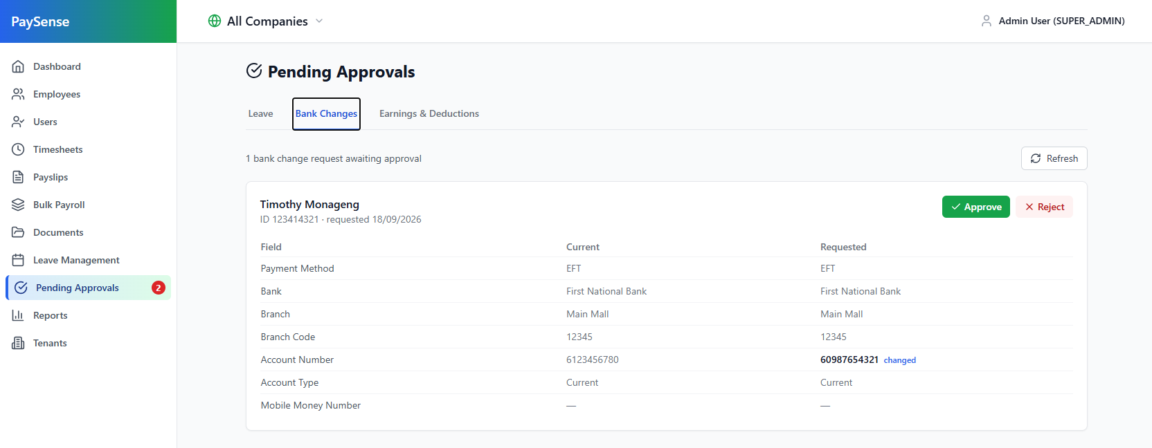 PaySense Pending Approvals screen showing a bank-detail change request with current and requested values and approval controls