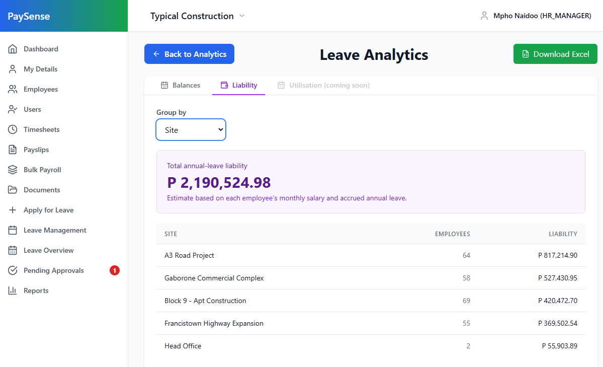 PaySense Leave Analytics screen grouped by site and showing the total annual-leave liability