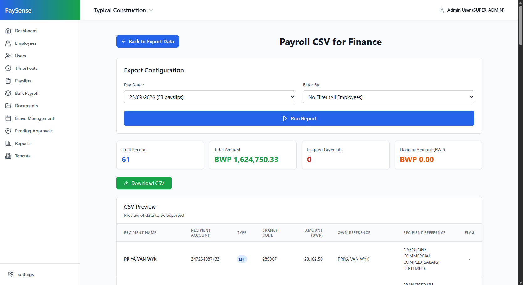 PaySense Payroll CSV for Finance screen showing export settings, a report preview and CSV download